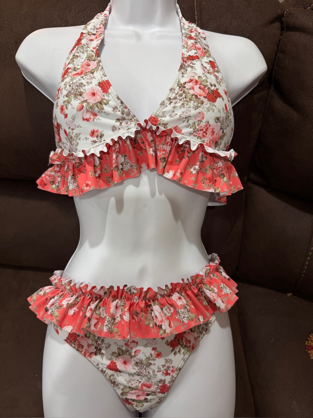 Womens Halter Bikini Set Floral Swim Suit M Floral Salmon Pink Ruffled Cottage